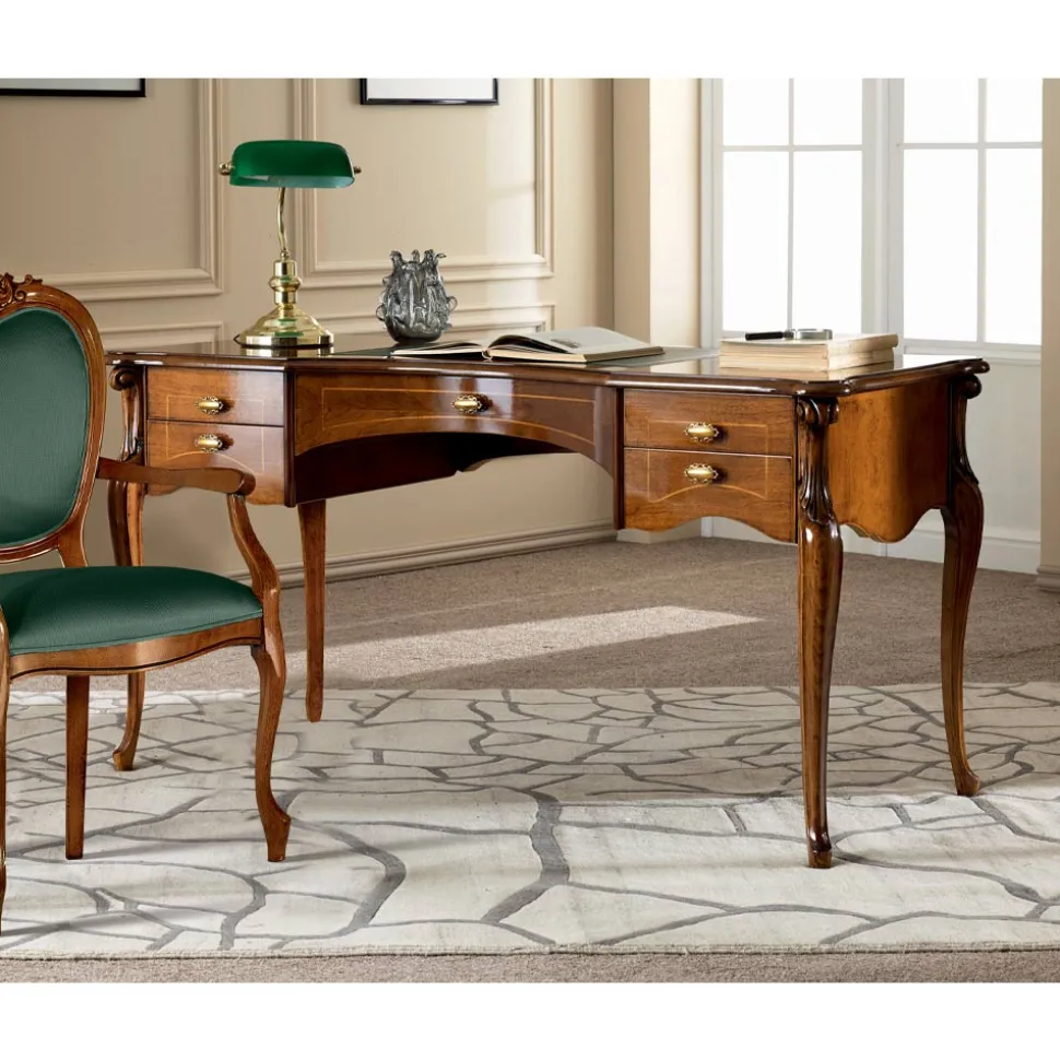 Scrivania Classica 5 Cassetti in Legno e Ecopelle Made in Italy - Commodo