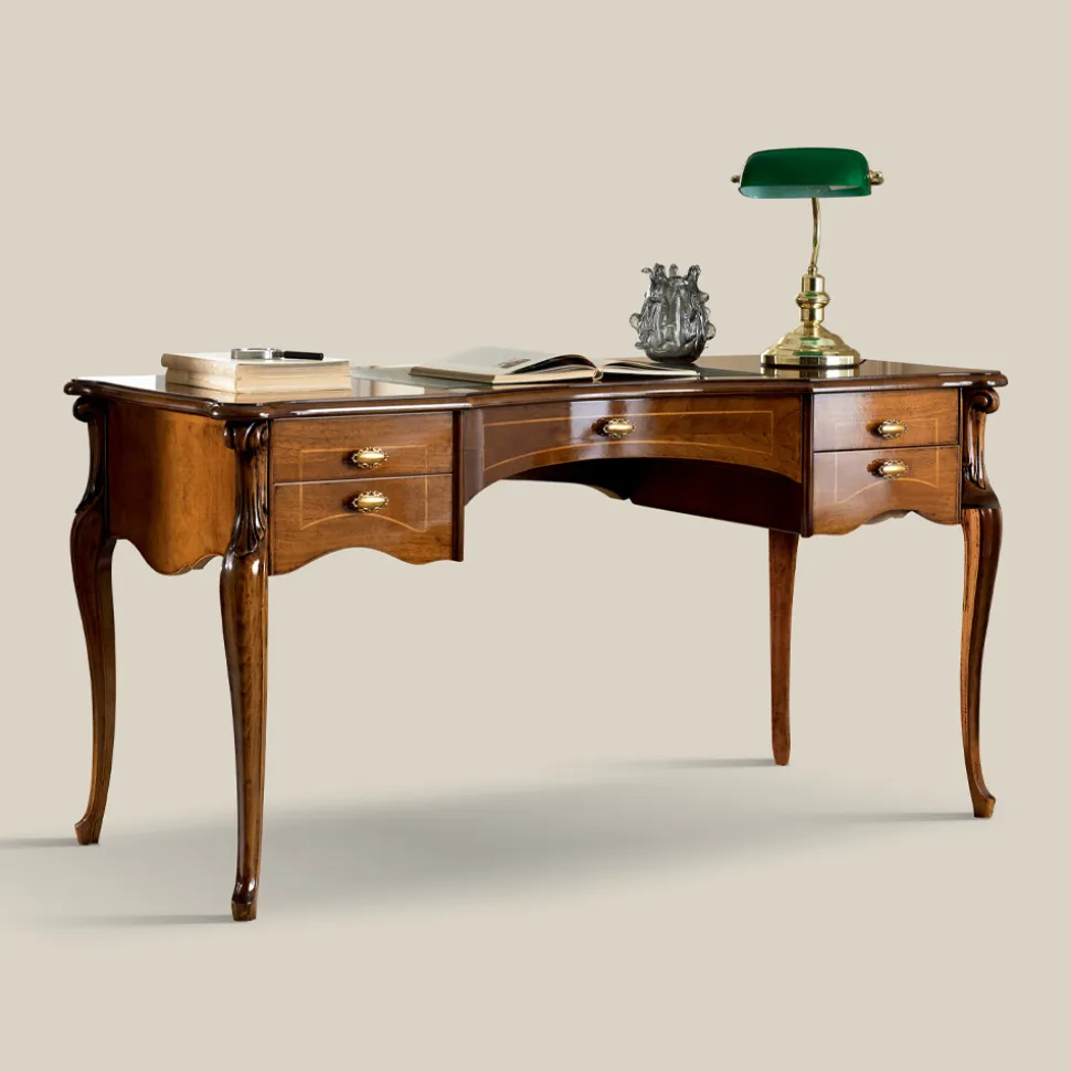 Scrivania Classica 5 Cassetti in Legno e Ecopelle Made in Italy - Commodo