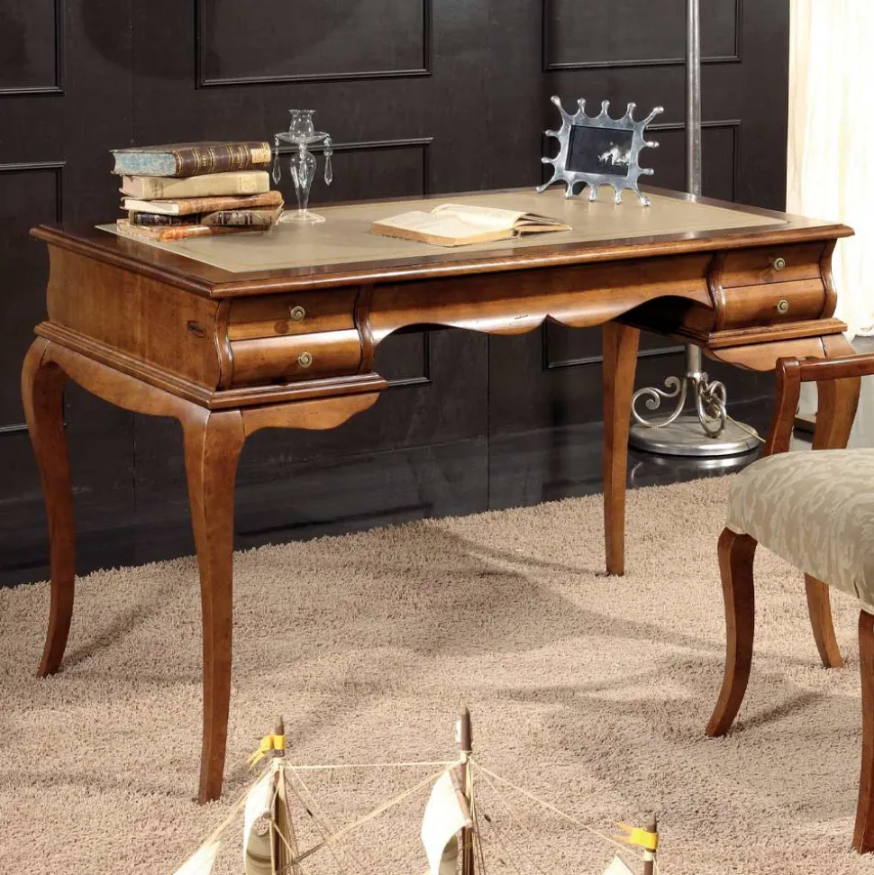 Scrivania con 5 Cassetti Legno di Noce e Ecopelle Made in Italy - Hastings