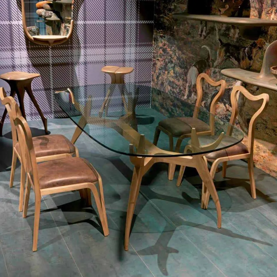 Sedia da pranzo design moderno in legno e pelle, l.41xp.46 cm, Carol