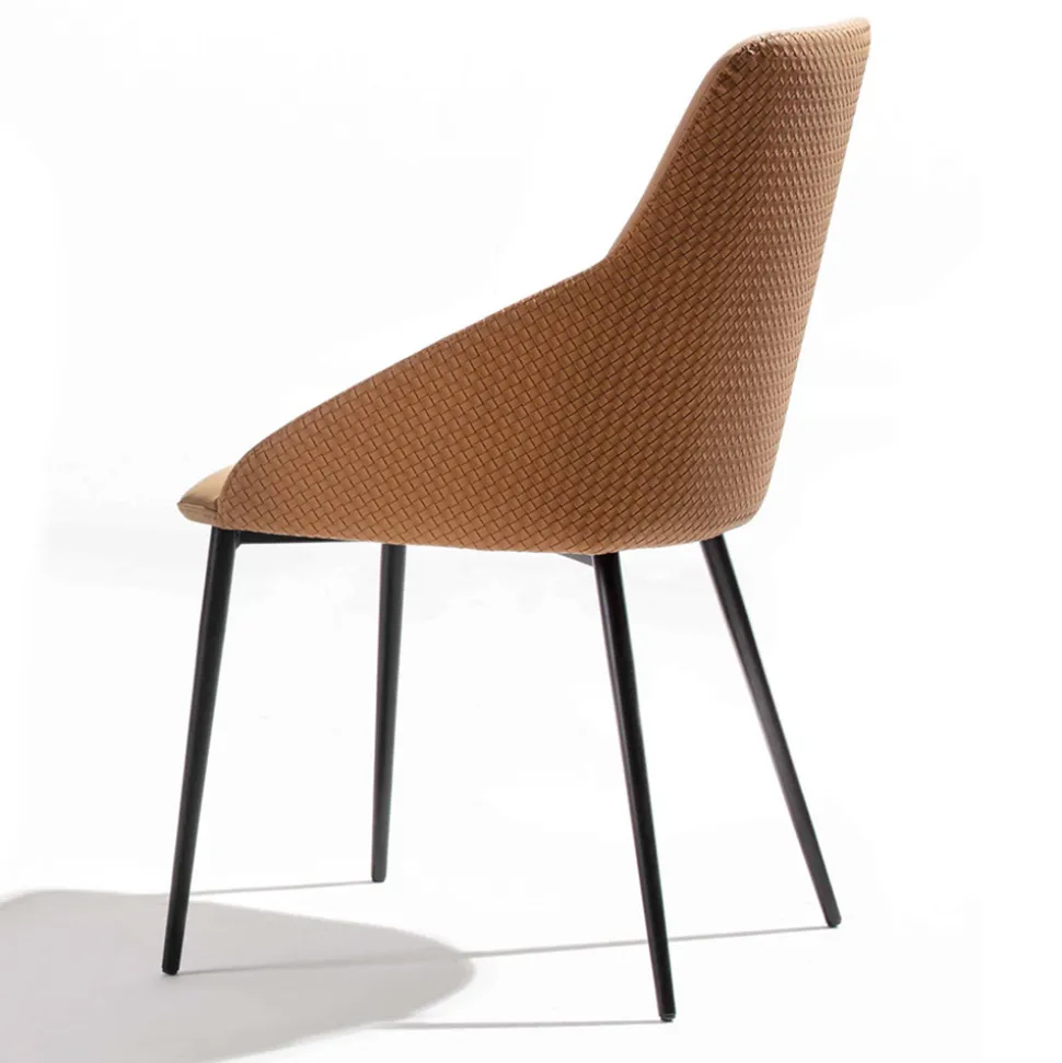 Sedia in Ecopelle con Schienale Decorato e Base in Metallo Nero, 2 Pezzi - Nima