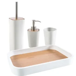 Set accessori moderni per bagno in ceramica e legno Carsoli