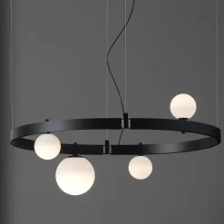 Sospensione di Design Ovale in Alluminio Nero con Sfere e Faretti - Esodo
