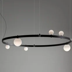 Sospensione di Design Tondo in Alluminio Nero con Sfere e Faretti - Esodo