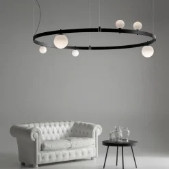 Sospensione di Design Tondo in Alluminio Nero con Sfere e Faretti - Esodo