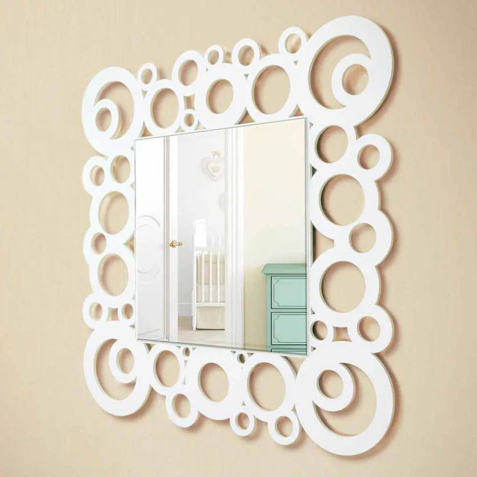 Specchiera a Muro Quadrata Bianca Design Moderno con Decori in Legno - Bubble