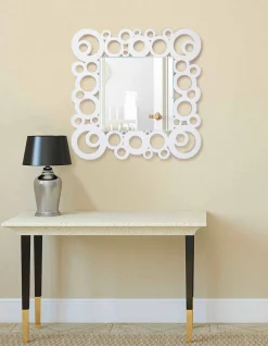Specchiera a Muro Quadrata Bianca Design Moderno con Decori in Legno - Bubble