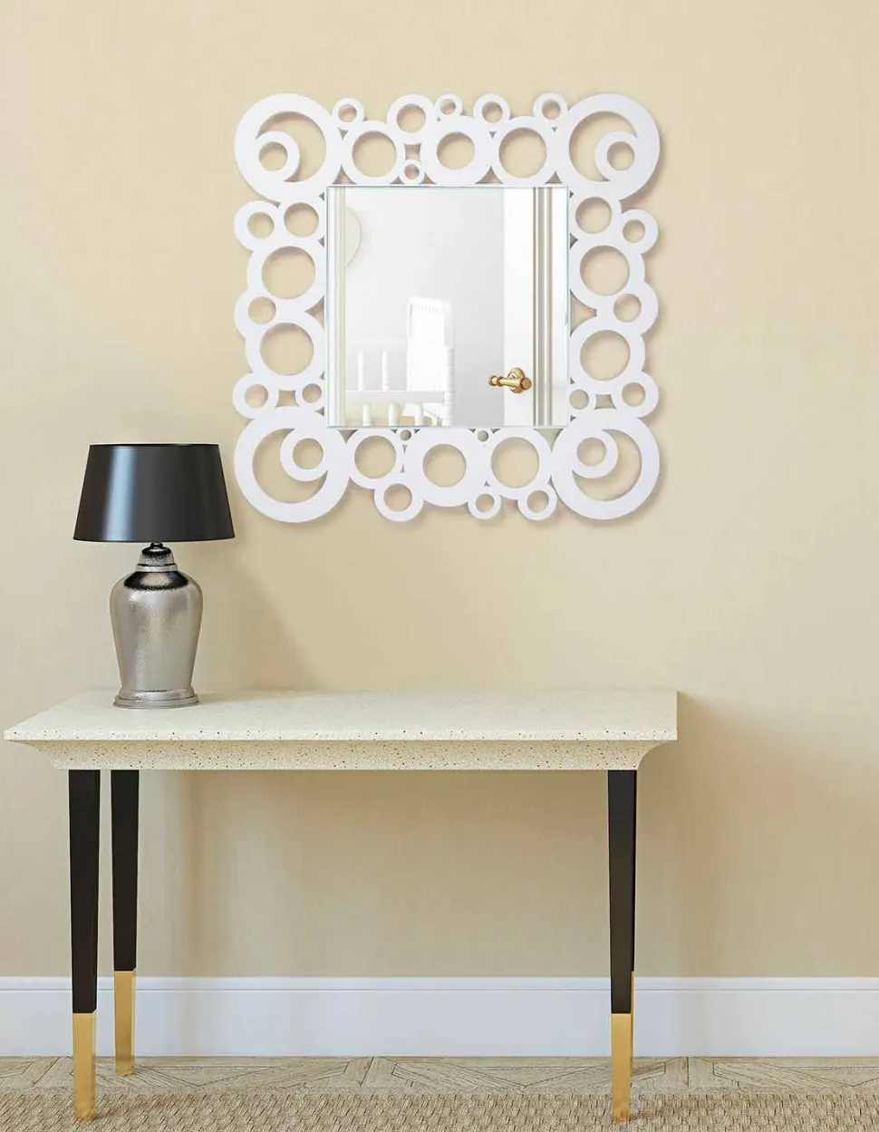 Specchiera a Muro Quadrata Bianca Design Moderno con Decori in Legno - Bubble