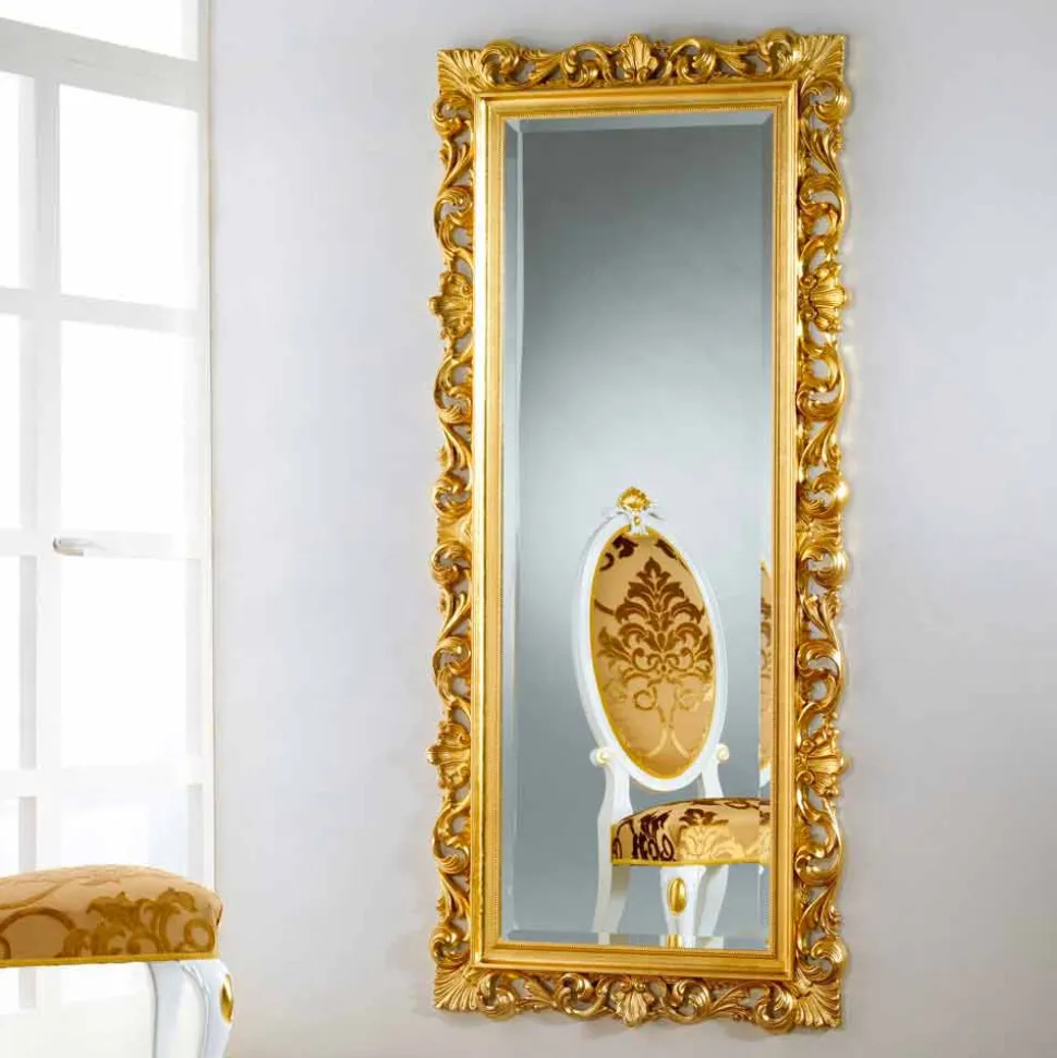 Specchiera da terra/ parete di design con finitura foglia oro Mata