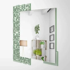 Specchio a Muro Design Quadrato Moderno in Legno Verde Decorato - Labirinto