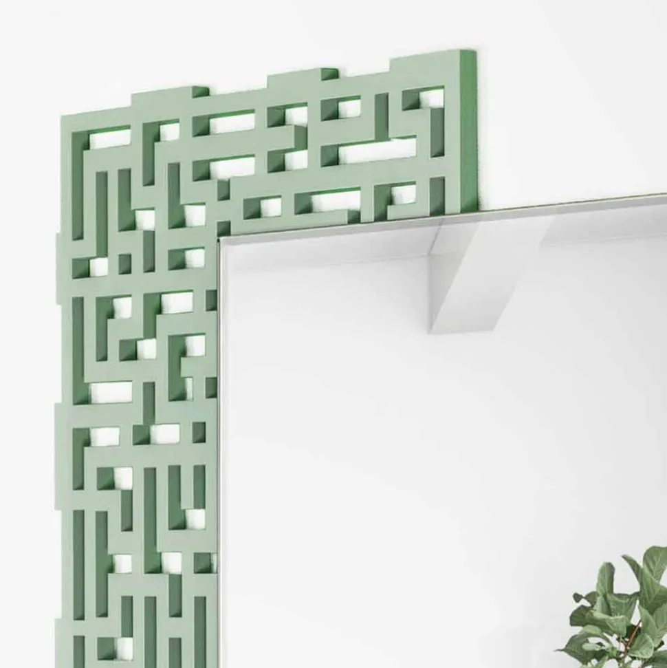 Specchio a Muro Design Quadrato Moderno in Legno Verde Decorato - Labirinto