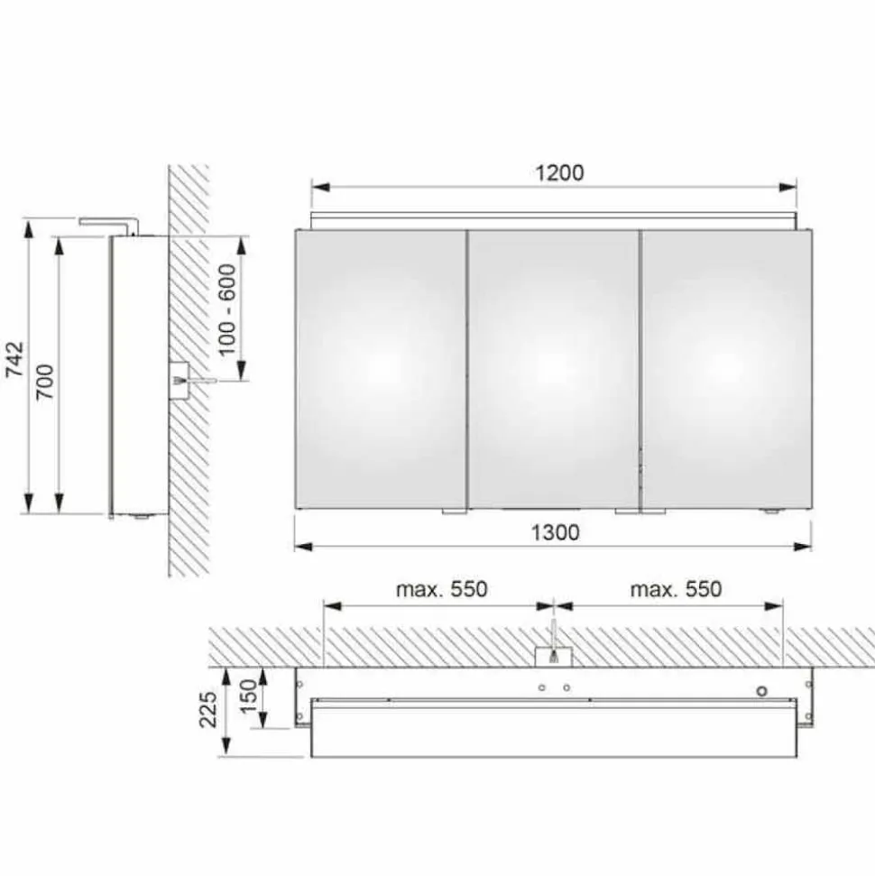 Specchio Bagno con Contenitore da Parete a 3 Ante con Ripiani Interni - Bramo