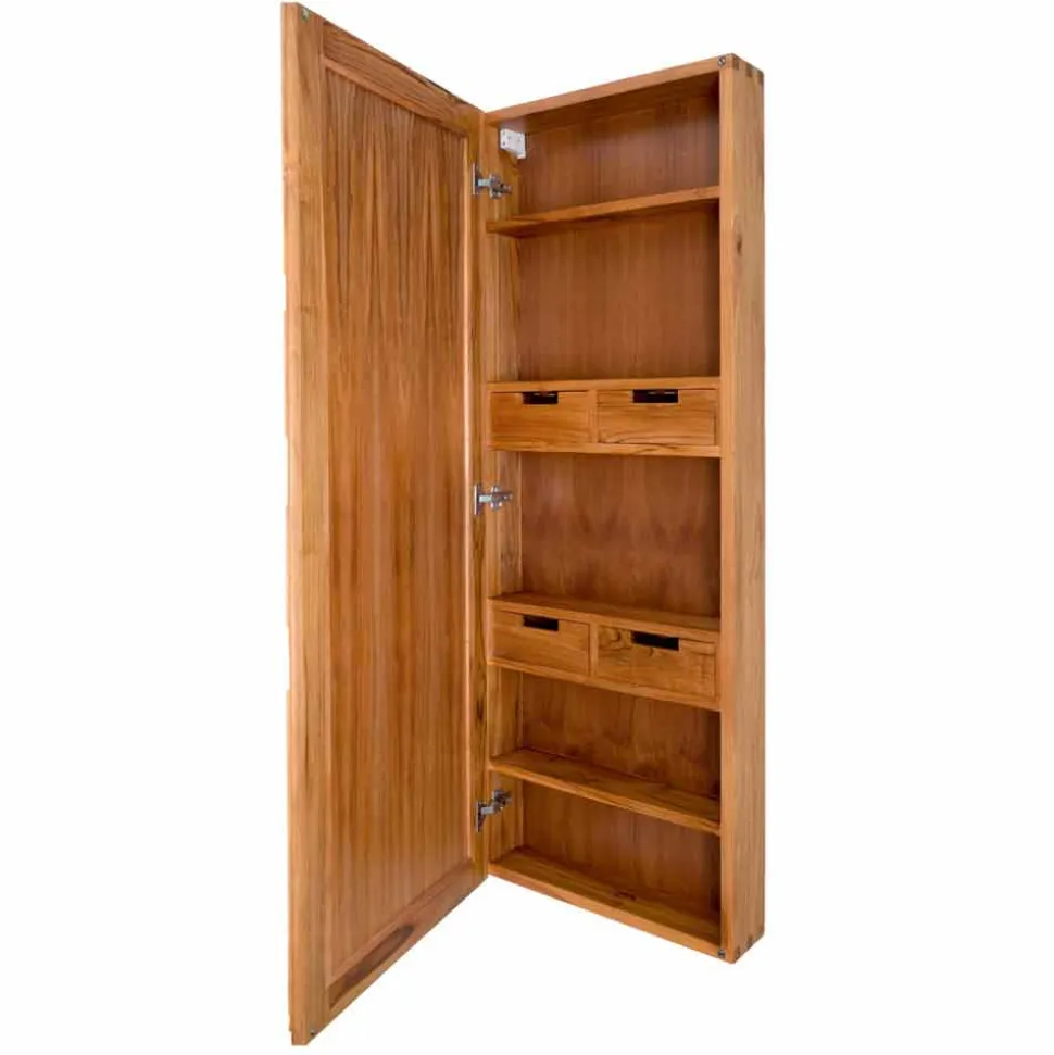 Specchio Contenitore da Parete in Teak con Ripiani e Cassetti Interni - Ralio
