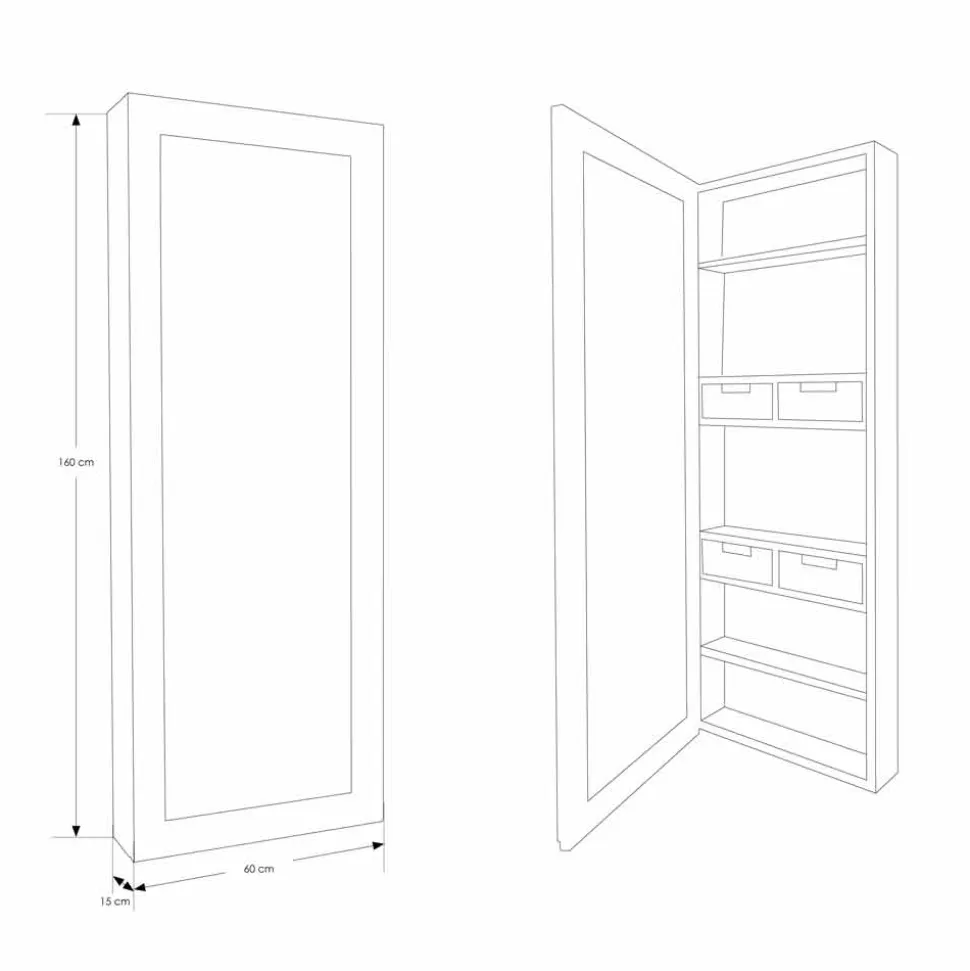 Specchio Contenitore da Parete in Teak con Ripiani e Cassetti Interni - Ralio