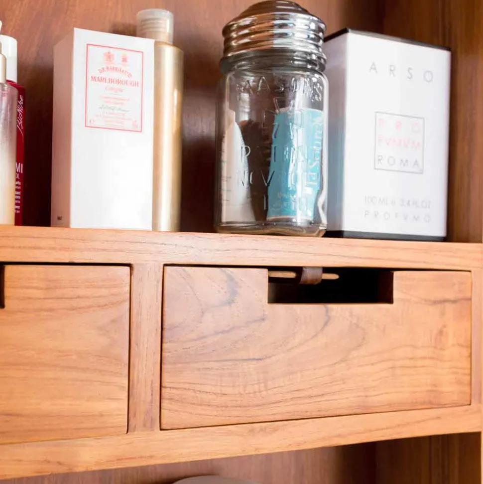 Specchio Contenitore da Parete in Teak con Ripiani e Cassetti Interni - Ralio