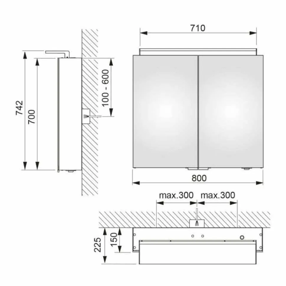 Specchio Contenitore da Parete a 2 Ante con Luce LED e Prese di Corrente - Bramo