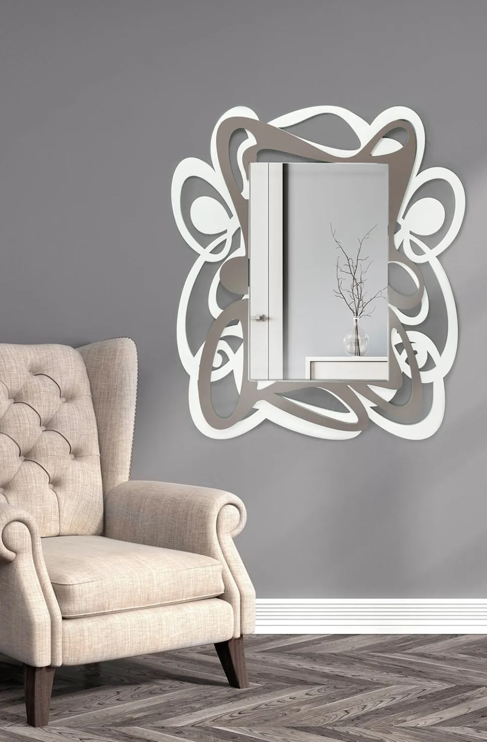 Specchio Decorativo da Parete Design Grande Moderno Bianco e Cacao - Bocchio