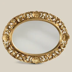 Specchio Ovale Cornice Legno Traforato Foglia Oro Made in Italy - Florence