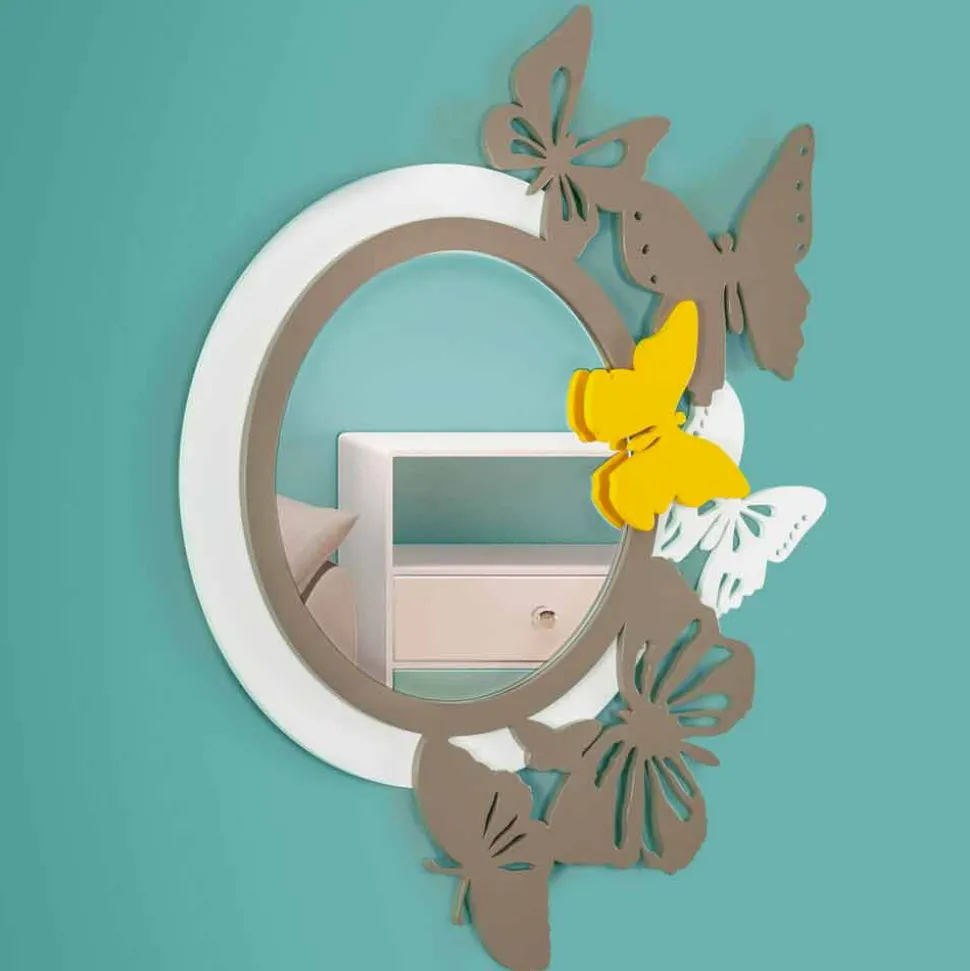 Specchio Rotondo di Design Moderno in Legno Colorato con Farfalle - Battito