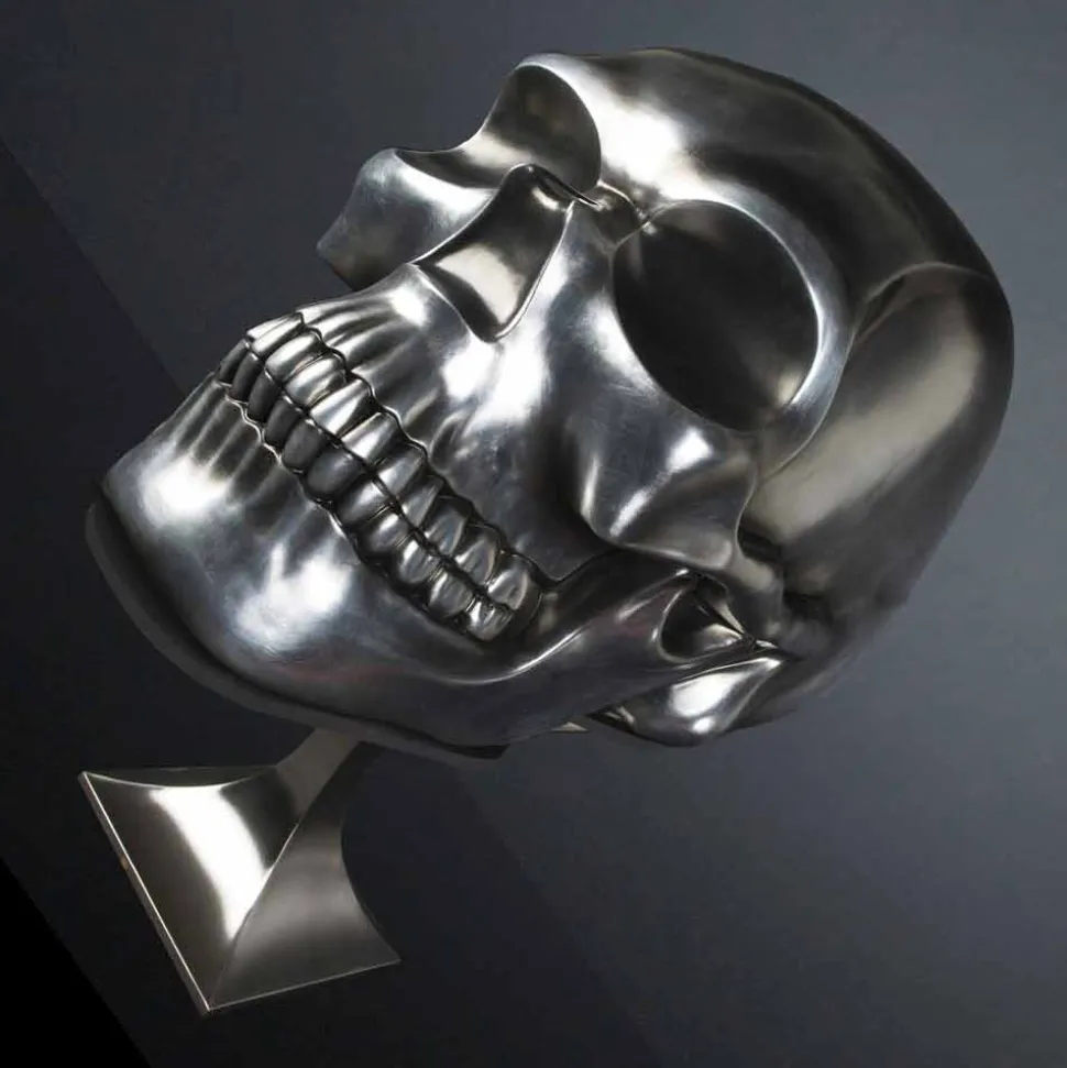 Statua a Forma di Teschio in Ceramica Argentata Realizzata in Italia - Skull
