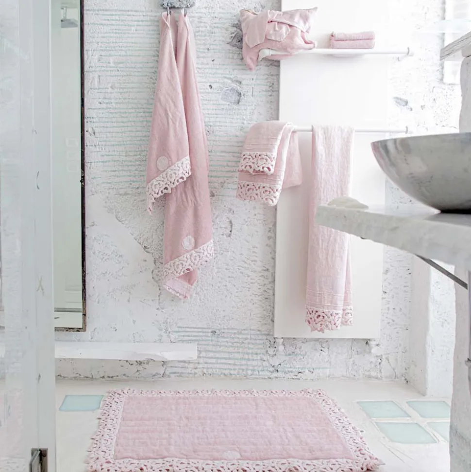 Tappeto per Bagno in Spugna Cotone e Lino con Pizzo Poema 2 Colori - Cuorotto