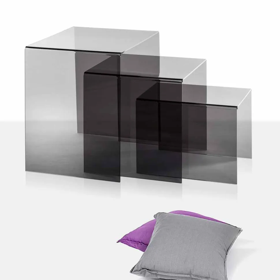 3 tavolini sovrapponibili fumé Amalia, design moderno, made in Italy