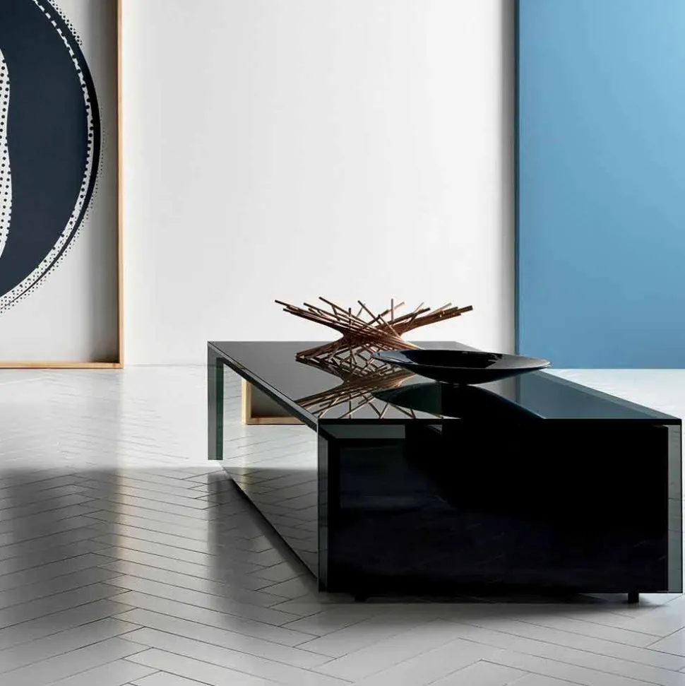 Tavolino Basso da Salotto in Vetro Fumè e Cassetti in Legno 3 Misure - Mantra