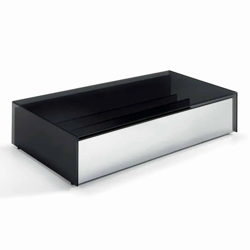 Tavolino Basso da Salotto in Vetro Fumè e Cassetti in Legno 3 Misure - Mantra