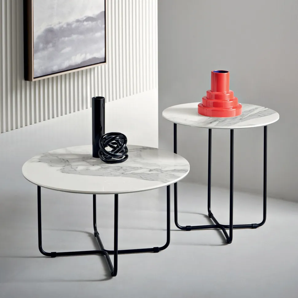 Tavolino con Piano in Specchio e Ceramica Effetto Marmo Made in Italy - Giusta
