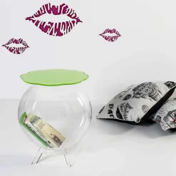 Tavolino / contenitore tondo verde Biffy,design moderno made in Italy