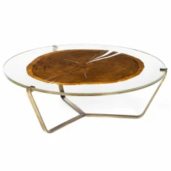 Tavolino da caffè basso di design con piano in vetro e legno Bigo