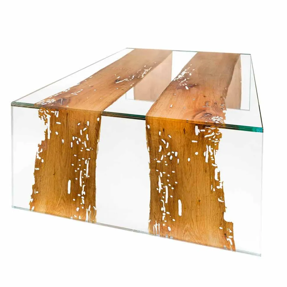 Tavolino da caffè in legno di Briccola veneziana e vetro 120 cm