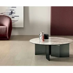 Tavolino da Caffè Tondo con Piano in Ceramica e Gambe in Vetro Fumè - Random