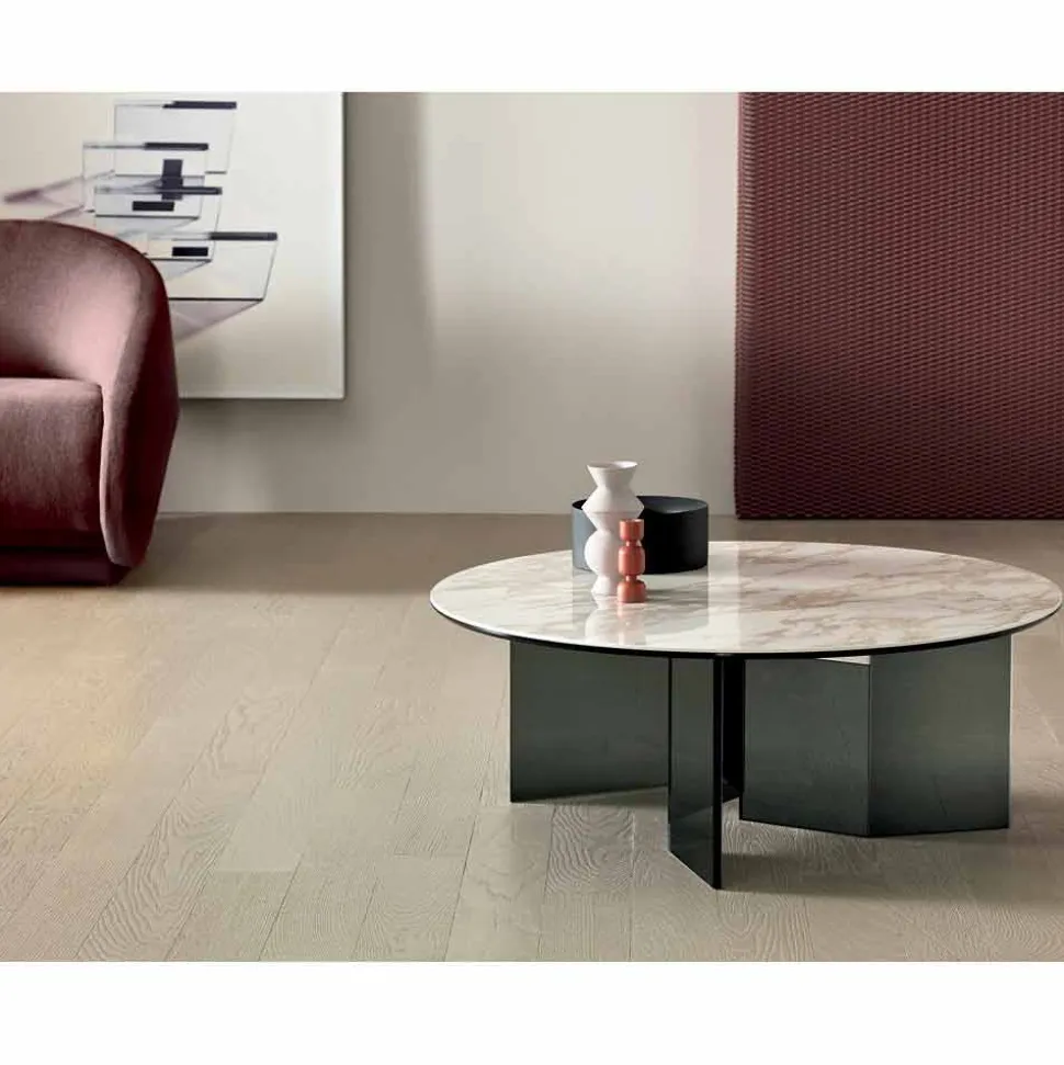 Tavolino da Caffè Tondo con Piano in Ceramica e Gambe in Vetro Fumè - Random
