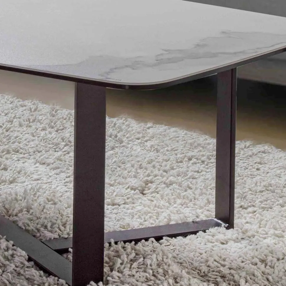 Tavolino da Salotto in Vetro Ceramica con Base in Metallo Verniciato - Camilo