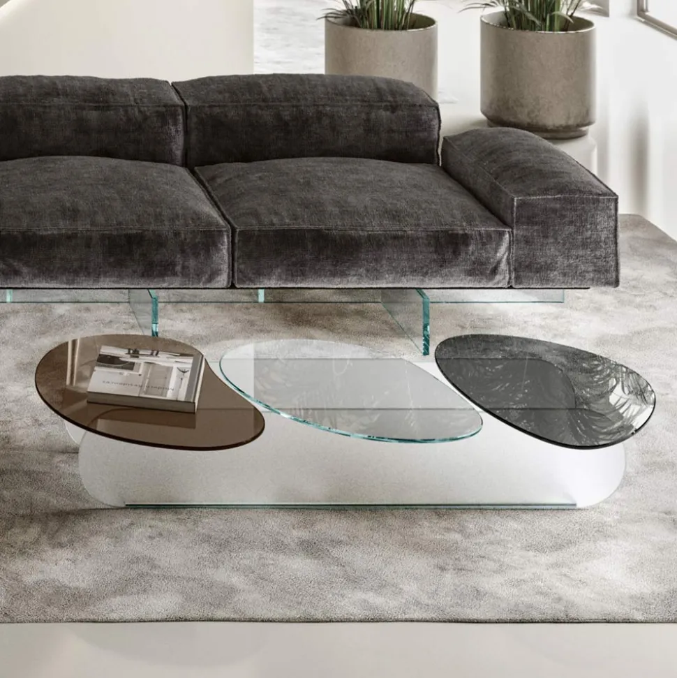 Tavolino da Salotto in Vetro con 3 Top Sagomati Colorati - Dapy