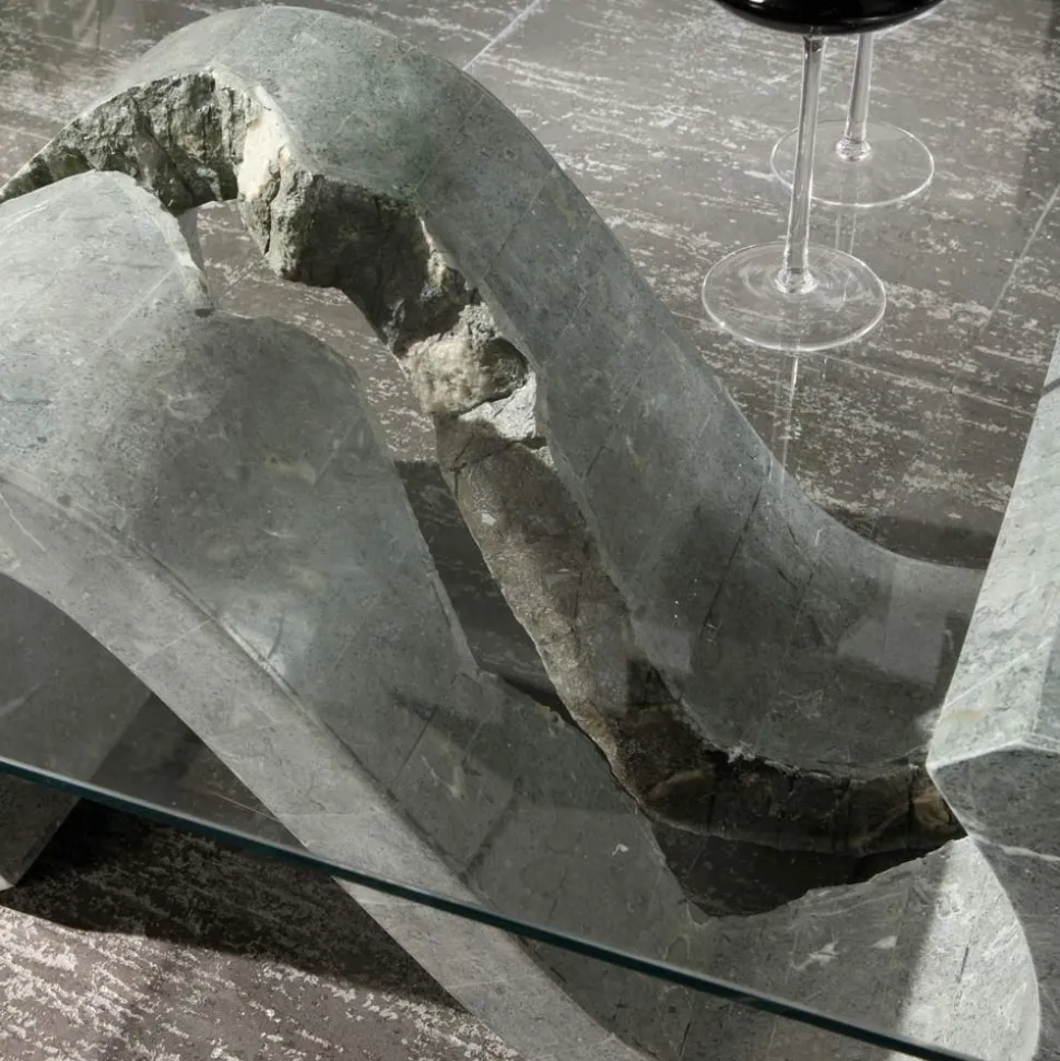 Tavolino da Salotto in Vetro Temperato con Base in Pietra Fossile - Jordan