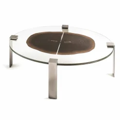 Tavolino da salotto ovale basso con piano in vetro e legno Buck 1