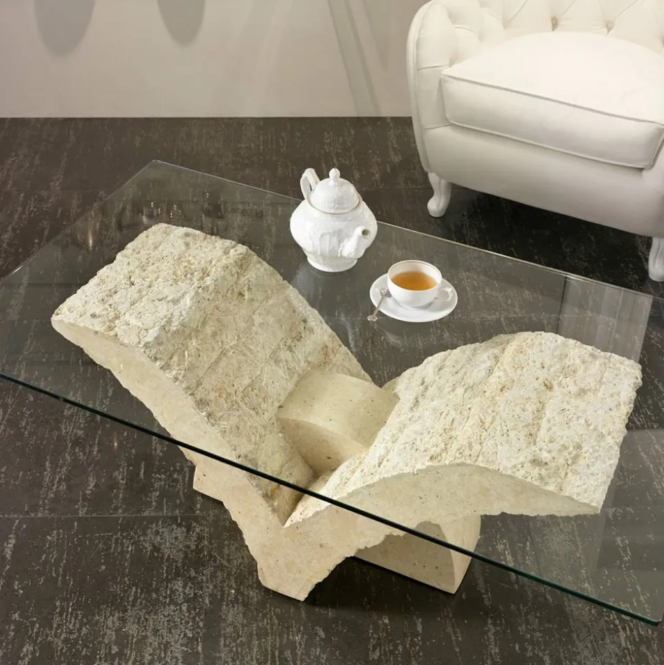 Tavolino da Salotto Rettangolare con Base in Pietra Fossile Bianca - Gardenia