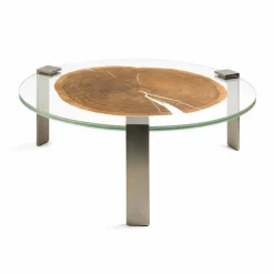 Tavolino da salotto rotondo basso con piano in vetro e legno Buck