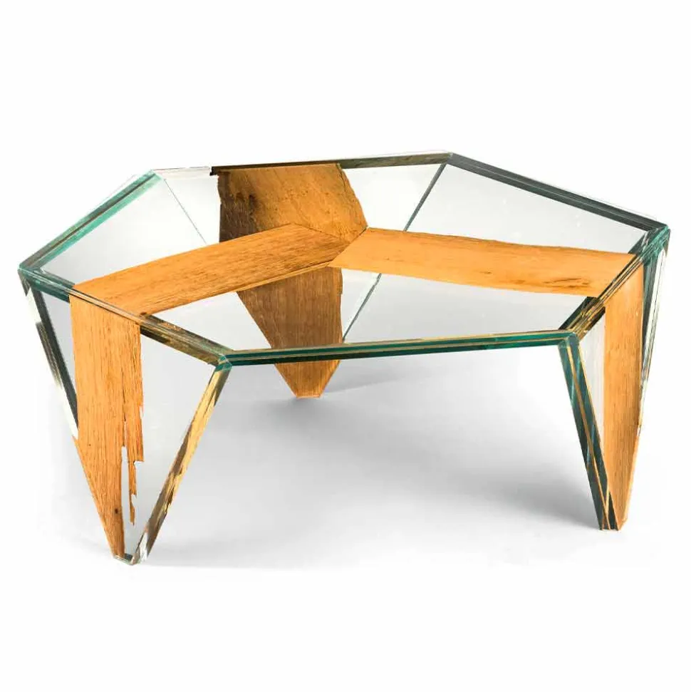 Tavolino da Salotto Sagomato in Vetro e Legno Realizzato in Italia - Mumbai