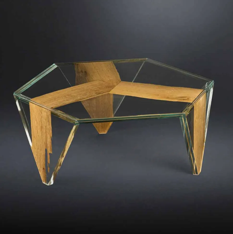 Tavolino da Salotto Sagomato in Vetro e Legno Realizzato in Italia - Mumbai