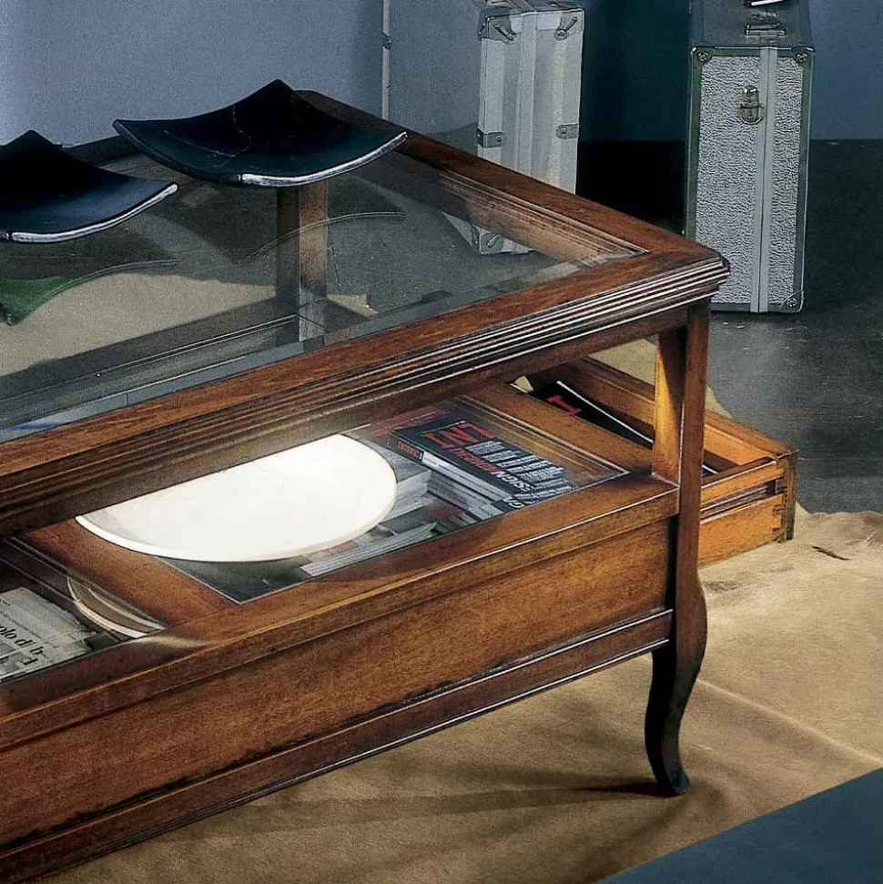 Tavolino da Soggiorno con Piano in Vetro e 2 Cassetti Made in Italy - Xipe