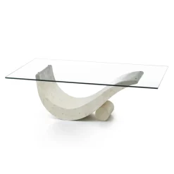 Tavolino Design Moderno con Piano in Vetro e Base Pietra Fossile - Ricarica