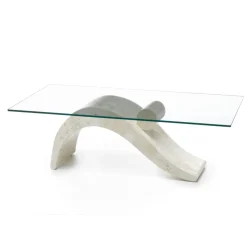 Tavolino Design Moderno con Piano in Vetro e Base Pietra Fossile - Ricarica