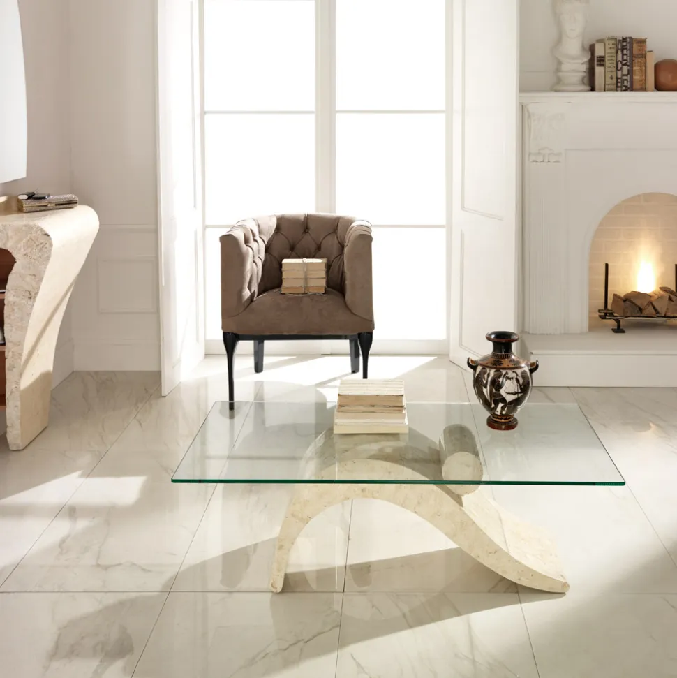 Tavolino Design Moderno con Piano in Vetro e Base Pietra Fossile - Ricarica