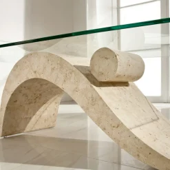 Tavolino Design Moderno con Piano in Vetro e Base Pietra Fossile - Ricarica