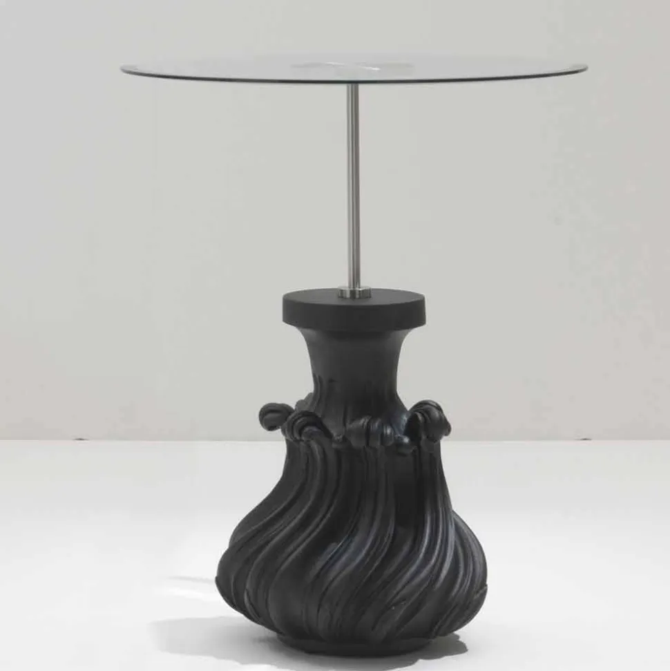 Tavolino in cristallo/legno massello nero sabbiato, diametro 60, Margo