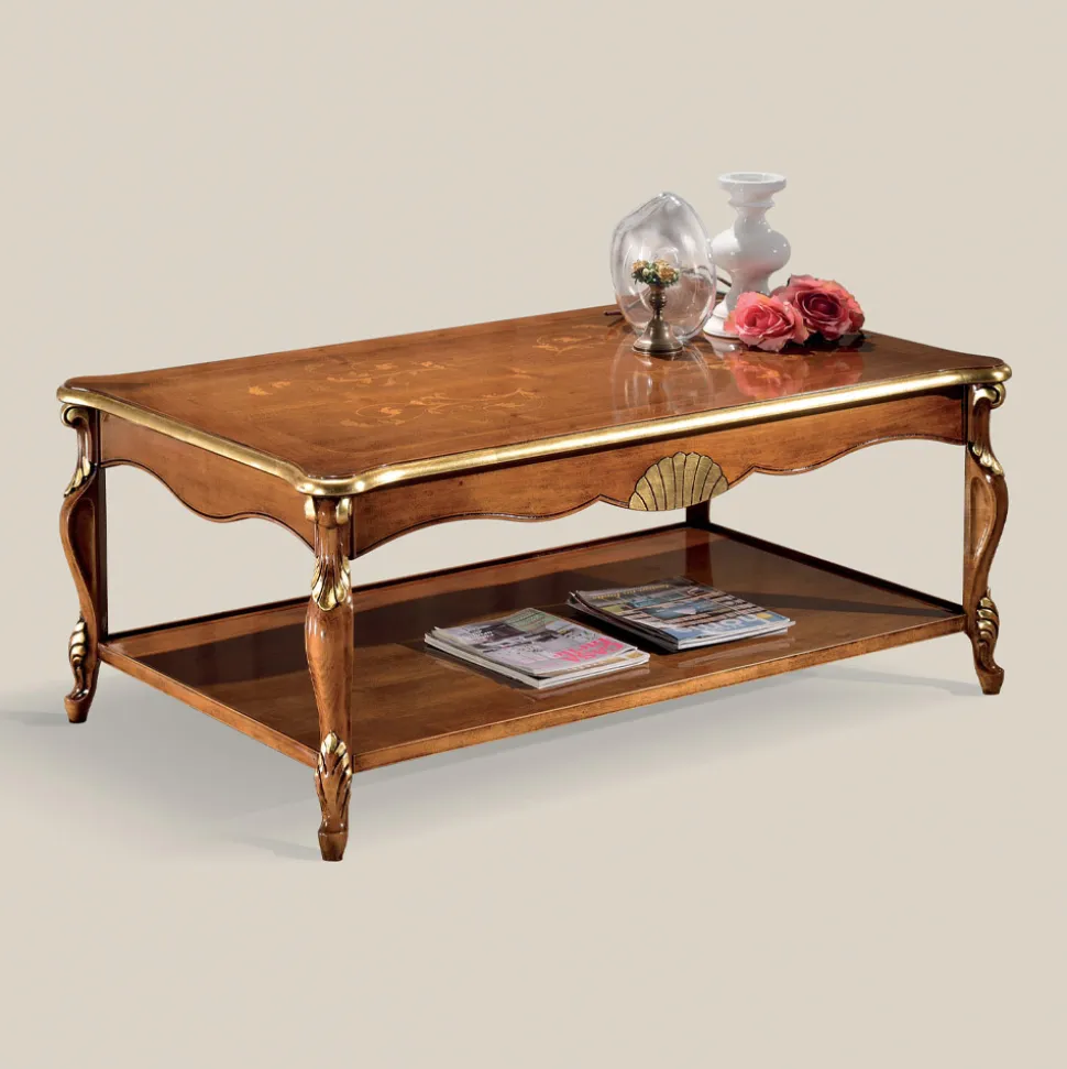 Tavolino in Legno Noce e Oro Intarsiato di Lusso Made in Italy - Cambrige