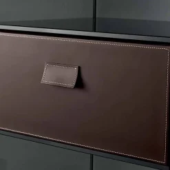 Tavolino Lato Divano o Comodino in Vetro Fumè con Cassetto in Cuoio - Linzy